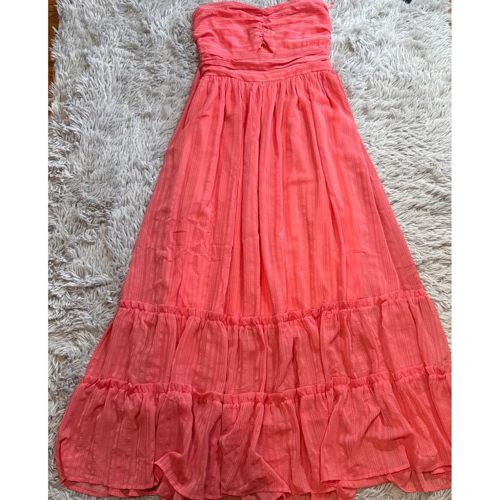 Aeom Coral Pink Strapless Tiered Maxi Dress Smocked Back AM3769 Womens Large
